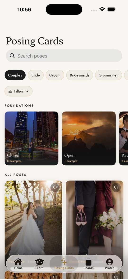 The Inspiration tab, showing pose cards grouped by foundation.
